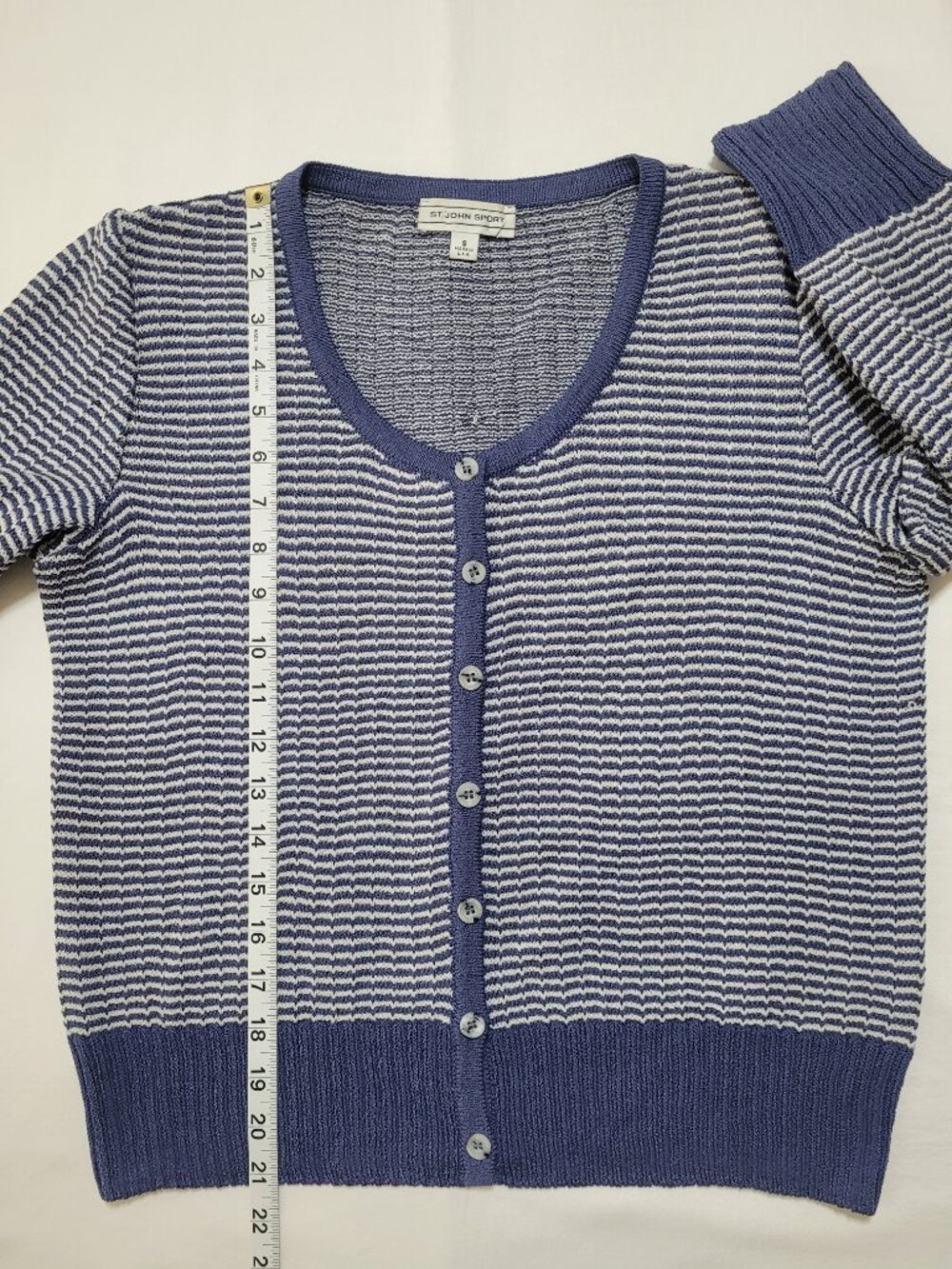 St. John Sport Striped Knit Cardigan Sweater Navy Blue White Small Coastal - Picture 8 of 9